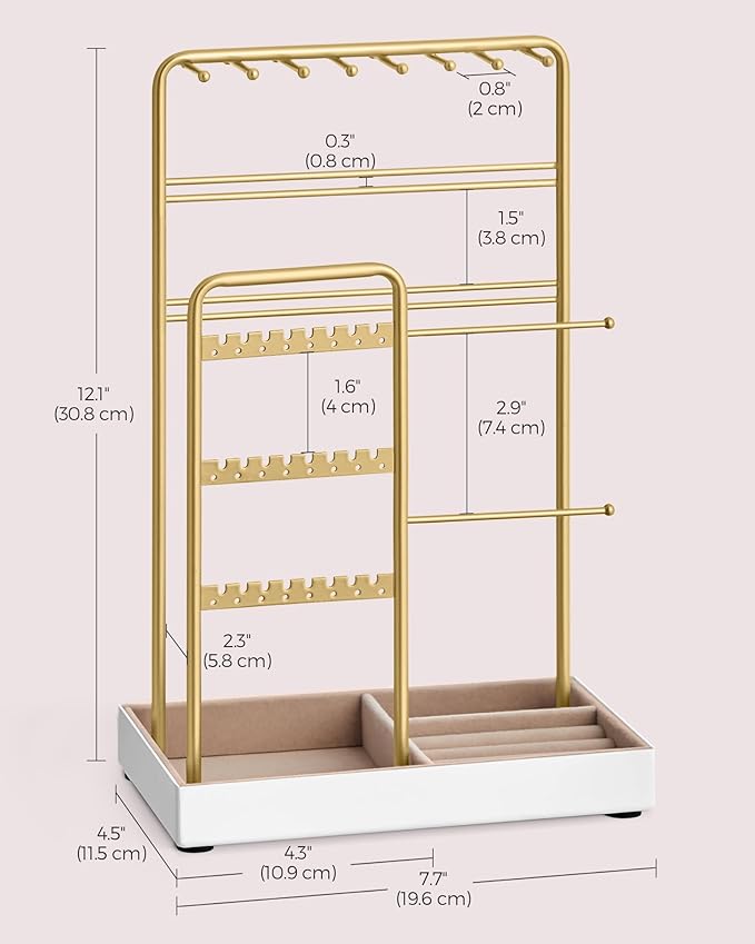 SONGMICS Jewelry Holder, Jewelry Organizer, Jewelry Display Stand with Metal Frame, Velvet Tray, Necklace Earring Bracelet Holder, for Studs, Rings, Gift Idea, Pale Gold UJJS021A01