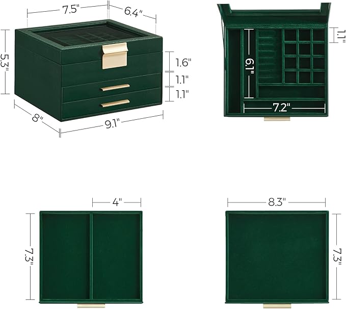 SONGMICS GISELLA Collection - Jewelry Box Organizer, 3-Layer Jewelry Storage with 2 Drawers, Shiny Metal Hardware, Glass Lid, Modern, 8 x 9.1 x 5.3 Inches, Forest Green and Gold Color UJBC239C01