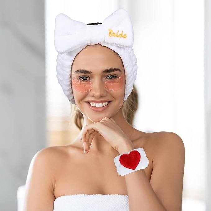 Bridal Print Plush Wash Face Headband with Wrist Band Hair Cuffs for Women Girls Bride to Be Spa Facial Makeup Skincare Bath Head Wrap Bachelorette Birthday Party Favor Gift