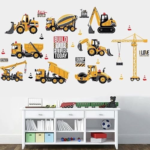 Construction Wall Stickers, Truck Digger Excavator Cartoon Engineering Car Decorative Wall Decals, Vinyl Peel Stick Decor Wall Decors for Kids Baby Bedroom Boys Room Nursery Playroom