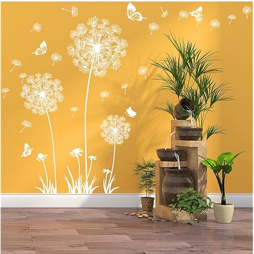 Joyartu 2 Sheets Dandelion Wildflower Wall Decals Art,Flower Stickers, Murals with Butterflies, Removable DIY Sticker Decals for Bedroom Living Room Nursery Classroom Playroom (White)
