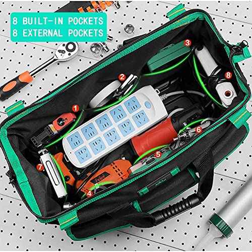 AIRAJ Tool Bag 18 Inch,Wide Mouth Tool Bags for Men Heavy Duty With Waterproof Molded Base,Tools Organizer for Home Repairs,Garage Storage,Professional Work,Adjustable Shoulder Strap,Green