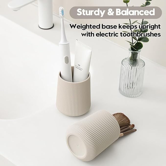YAUKPH Beige Striped Toothbrush Holder for Electric Toothbrushes Bathroom Organizer Cup for Toothpaste Kids & Adults