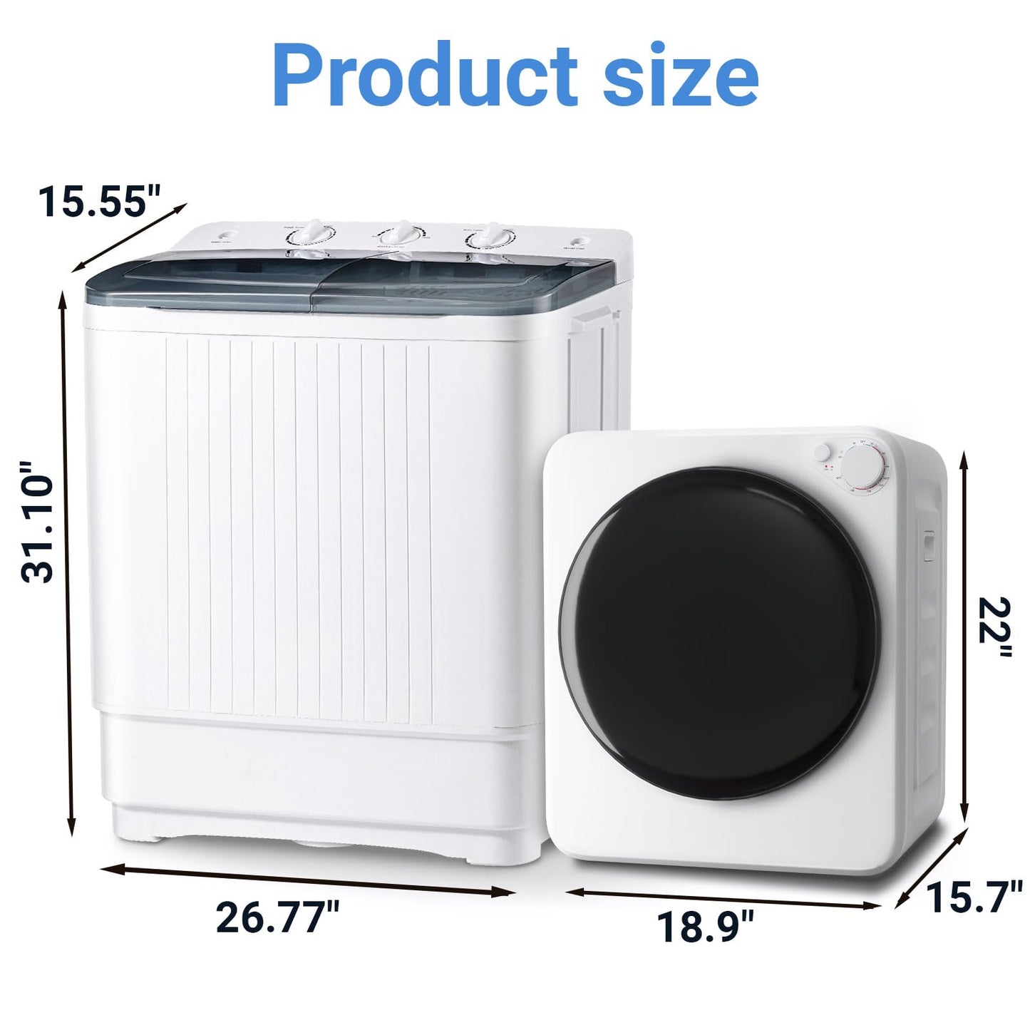 DOGHLY Portable 32Lbs Twin Tub Washer + 1.8 Cu.Ft Dryer Combo, 20Lbs Washing & 12Lbs Spinning, 5 Modes Rotary Heating Dryer, Stainless Steel Drum, Washer and Dryer Combo Set for Apartment, Dorm, RV
