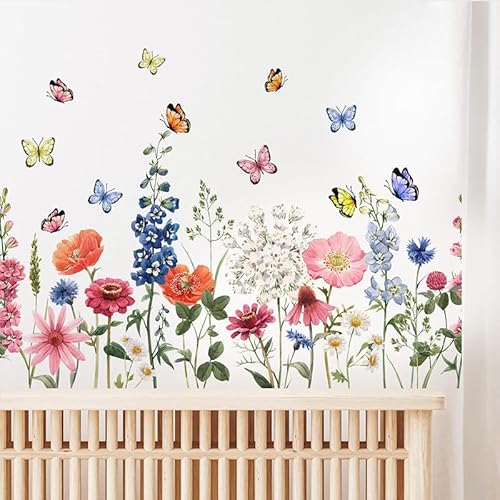 Wildflower Wall Decals Daisy Wildflower Grass Butterflies Wall Stcikers for Girls Bedroom, Living Room, Kids Room Wall Decor