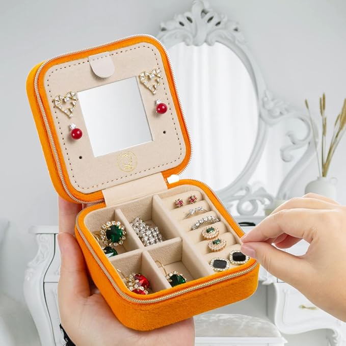 Plush Velvet Travel Jewelry Case, Travel Jewelry Organizer, Jewelry Travel Case, Travel Jewelry Box, Small Jewelry Case, Jewelry Travel Box, Earring Organizer with Mirror - Orange