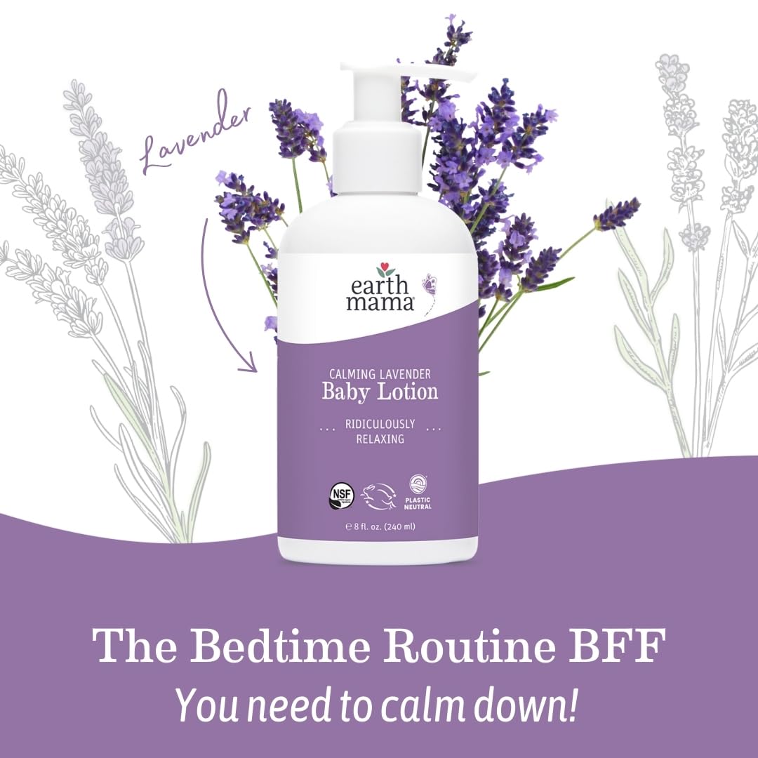 Earth Mama Calming Lavender Baby Lotion for Dry Skin, Calendula Cream for Newborn Skin Care, Children's Moisturizer, Aloe Juice, Rooibos, & Shea Butter, Lavender Lotion, 8 Fl Oz (2Pk)