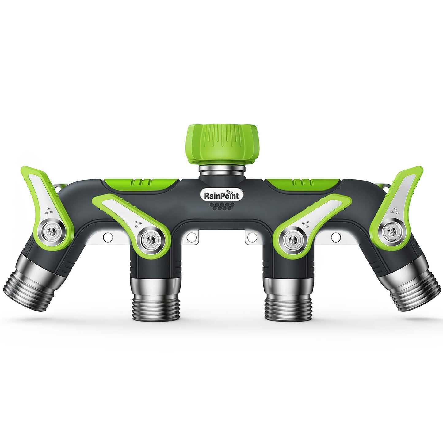 RAINPOINT 4 Way Garden Hose Splitter, 100% Metal Heavy Duty Water Hose Splitter with Individual Shut-Off Valves, 3/4" GHT High Flow Outdoor Faucet Splitter, 1.81" Extra Long Handle (Green)