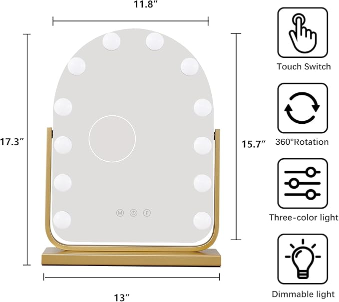 Vanity Mirror with Lights,17.3"ÃÂ13" Lighted Makeup Mirror with 12 Dimmable LED Bulbs,10X Magnification Smart Touch Control Hollywood Mirror with Lights,3 Colors Dimmable,360ÃÂ° Rotation (Gold)