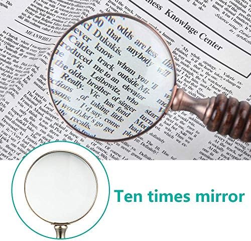 WIOR 10X Handheld Magnifying Glass Antique Copper Magnifier with Sandawood Handle,High Magnification Magnifier for Reading, Senior, Low Vision, Map, Inspection, Handcraft Hobby