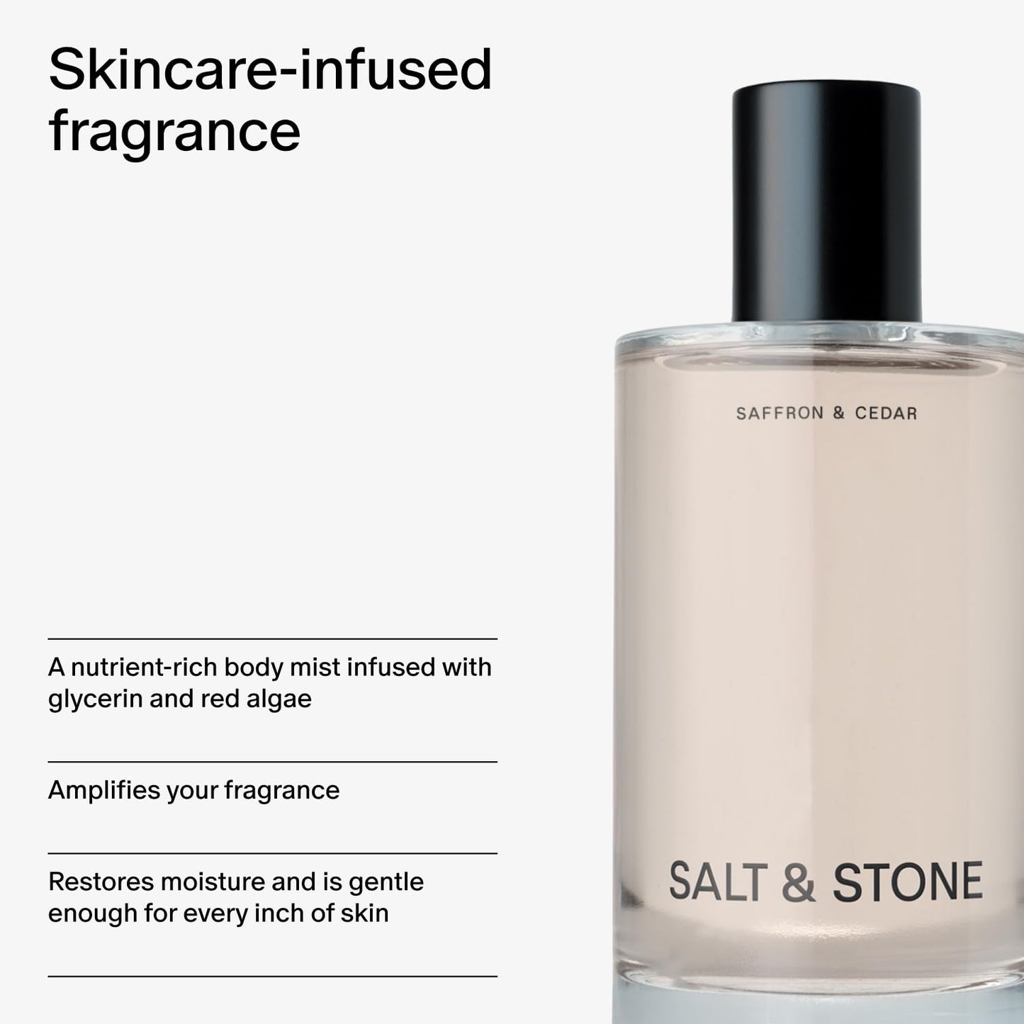 Salt & Stone Body Mist | Saffron & Cedar | Skincare Infused Hair & Body Spray for Women and Men | Hydrating Fragrance with Glycerin and Red Algae | Vegan, Cruelty Free, 3.4 fl oz