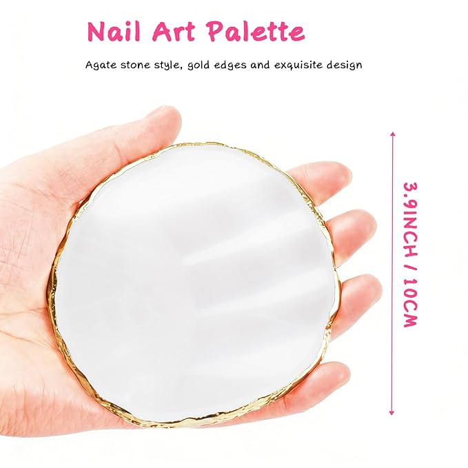 2 Pcs Resin Nail Art Palettes,Nail Polish Palette,Golden Edge Gel Nail Mixing Palette Nail Tray,Makeup Display Board,Nail Design Tools(White and Pink)