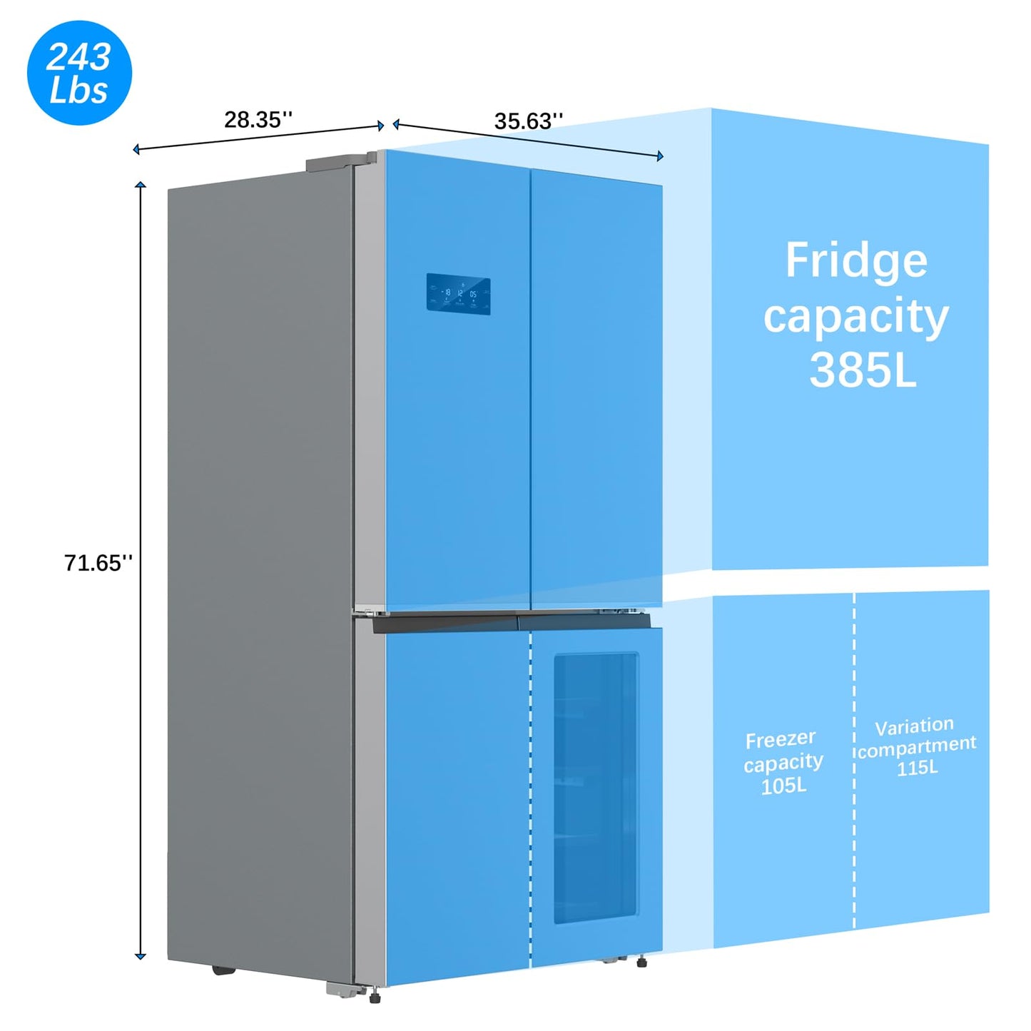 GarveeLife 36 In French Door Refrigerator, 21 Cu.Ft. Counter Depth Refrigerator Bottom Freezer with Wine Cabinet, Stainless Steel 4 Doors Fridges Kitchen Freezer, Adjustable Shelves