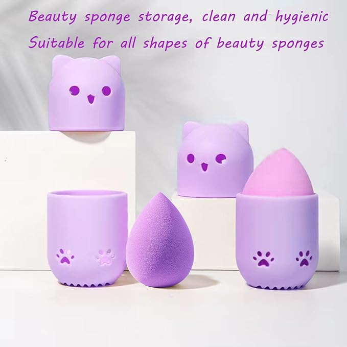 MR LION Makeup Sponge Holder + Makeup Blender Travel Case Beauty Sponge Blender Drying Stand & Storage Containers (Pink&Purple)