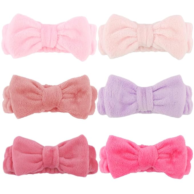 SPA Headbands for Washing Face Makeup Headbands with Bow Laurel Hair Band Women Facial Head Band Wrist Towel Wraps For Shower Face Mask Red Pink Purple, 6 Pack