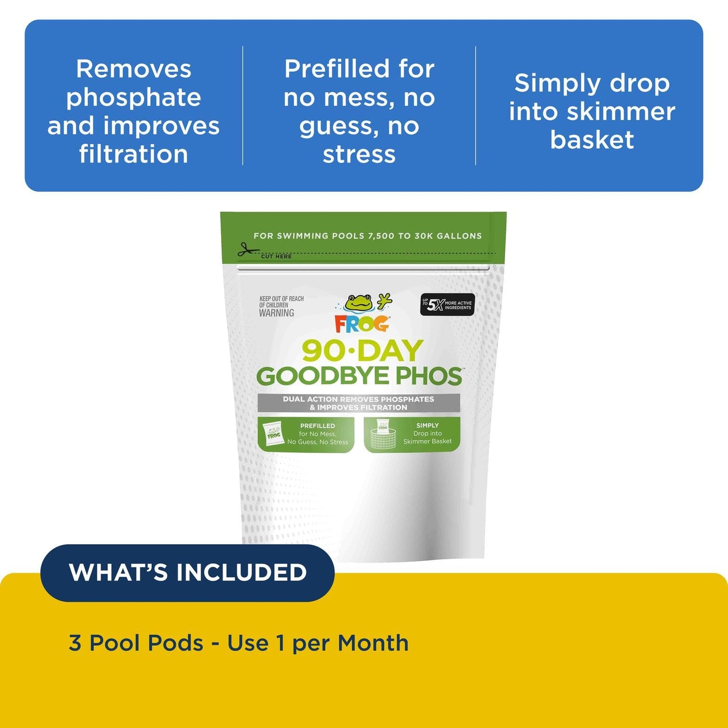 FROG 90-Day Goodbye Phos - Dry Formula Phosphate Remover for Pools up to 30,000 Gallons - Pool Maintenance & Treatment - No More Phos - 3 Pods