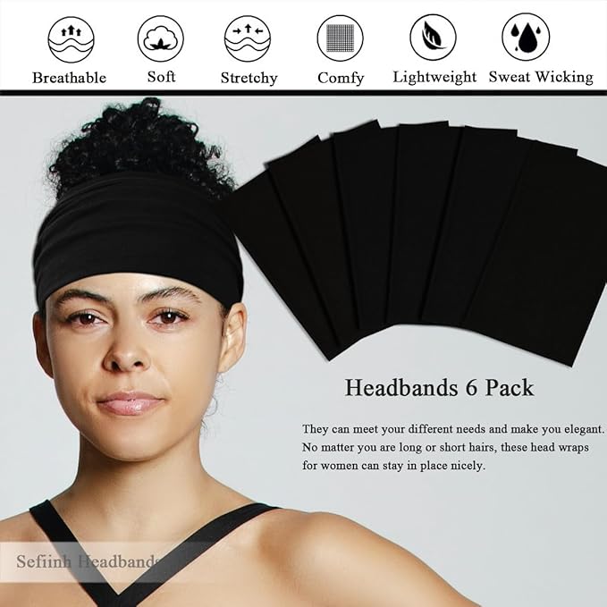 Sefiinh Wide Headbands For Women Stretch Headband Boho Head Bands Women's Hair Band Turban Workout Hairband Accessories Black 6 Pack