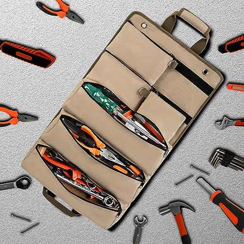 Heavy Duty Portable Soft Tool Storage Organization,Tool Bag with Detachable Pouches for Mechanics, Wall/Car Mountable, Foldable Rollup Organizer for Mechanics & Electricians