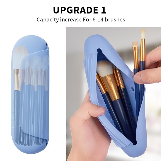 2 IN 1 Silicone Makeup Brush Holder with Beauty Make Up Sponge Holder Case：Soft Portable Cosmetic Face Brushes Holder with Upgrade Anti-Fall Out Magnetic Closure - Blue