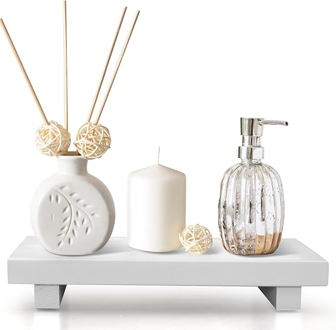 White Wooden Bathroom Tray Wood Riser Pedestal Stand Dish Soap Dispenser Holder for Kitchen Counter Bathroom Decor Decorative Kitchen Sink Countertop Trays Farmhouse Organizer Accessories Vanity Tray