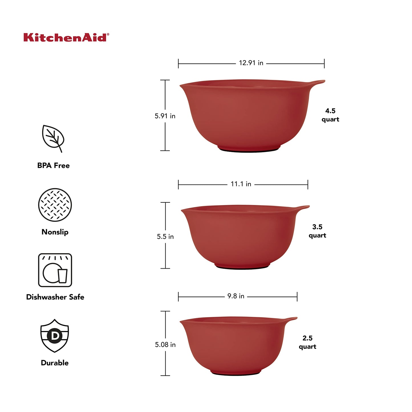 KitchenAid Universal Nesting Plastic Mixing Bowls, 2.5 quart, 3.5 quart, 4.5 quart, Non Slip Base with Easy Pour Spout to Reduce Mess, Dishwasher Safe, Set Of 3, Empire Red