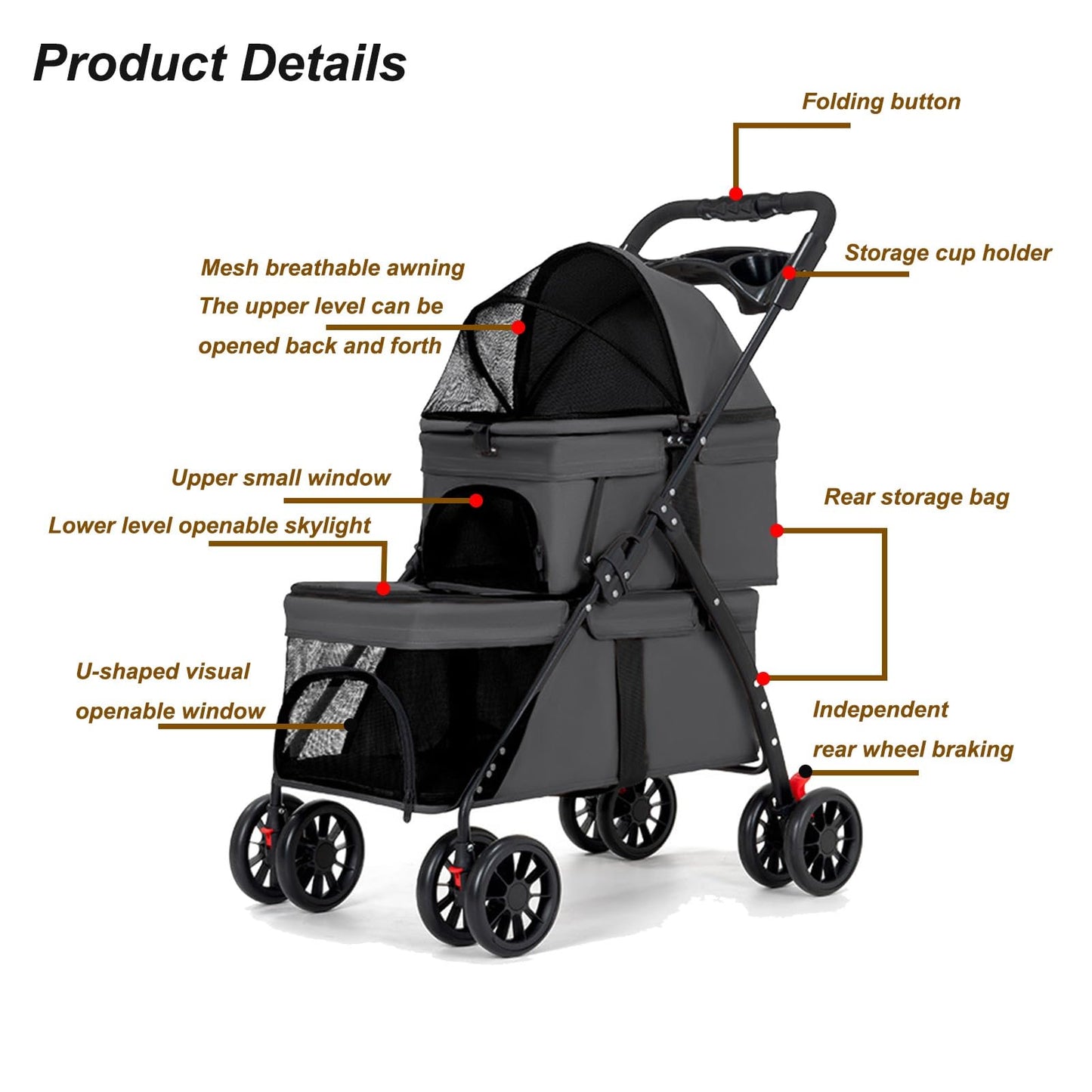 Double Dog Stroller for Medium Small Dogs and Cats Load-Bearing Up to 50lbs, Durable 360° Universal Wheels Lightweight One Hand Foldale Kittens Puppies Travel Stroller Cart(Double)