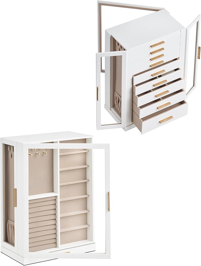 Glimmloop 360ÃÂ° Rotating Jewelry Box with 9 Drawers, Spacious Vertical Jewelry Organizer with Glass Window, Jewelry Storage Case, Dustproof & Moisture-resistant Design, White