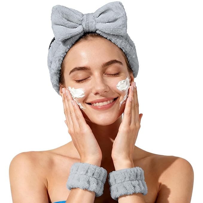 Fmeida Spa Headband and Wristband Set for Washing Face Skincare Headband Grey,3 Pack