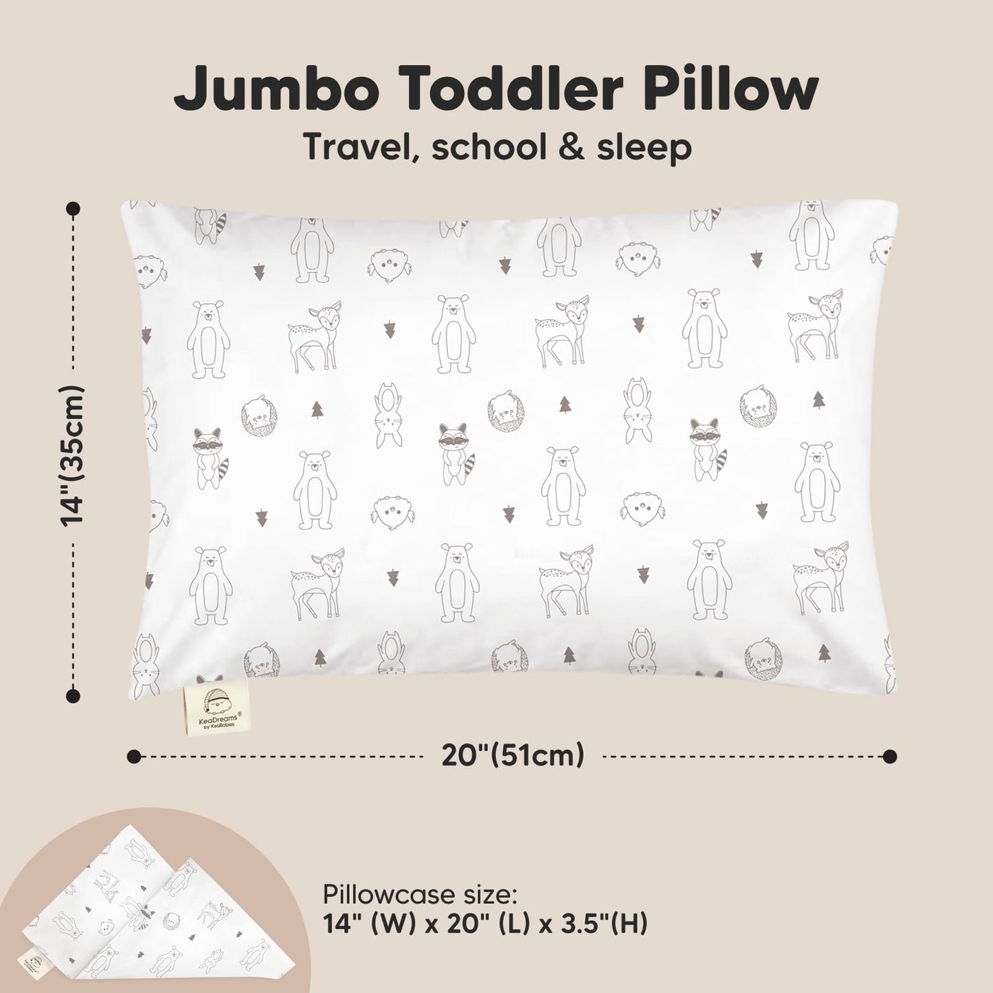 KeaBabies Toddler Pillow with Pillowcase, Jumbo 14X20 - Soft Organic Cotton Toddler Pillows for Sleeping - Machine Washable - Perfect for Travel, Toddler Bed Set(KeaFriends)