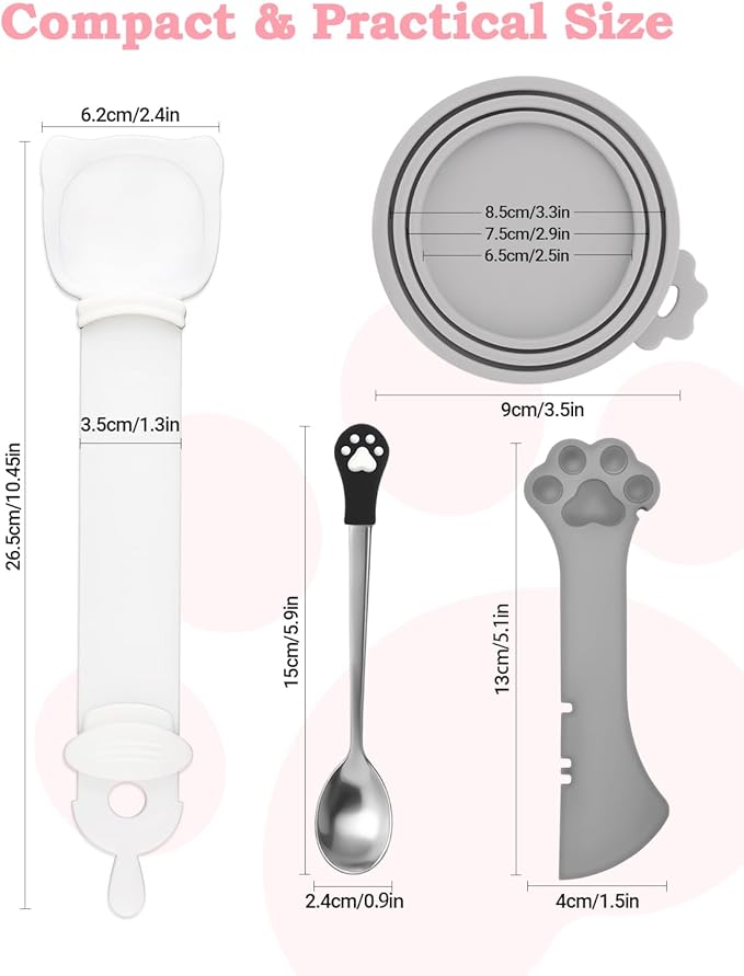 6 PCS Cat Food Can Covers Lids Set, Multi-Function Cat Food Spoon & Silicone Storage Lids with Opener, Cat Bar Squeezer, Stainless Steel Wet Food Spoon for Feeding, Storage and Cats & Dogs (Grey)