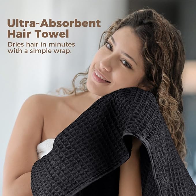HOMEXCEL 2 Pack Large Microfiber Hair Towels Waffle Weave- 40 x 26.5 inches Fast Drying Turbans for Long, Thick, Curly Hair - Anti Frizz Wrap with Elastic Strap, Black/Grey