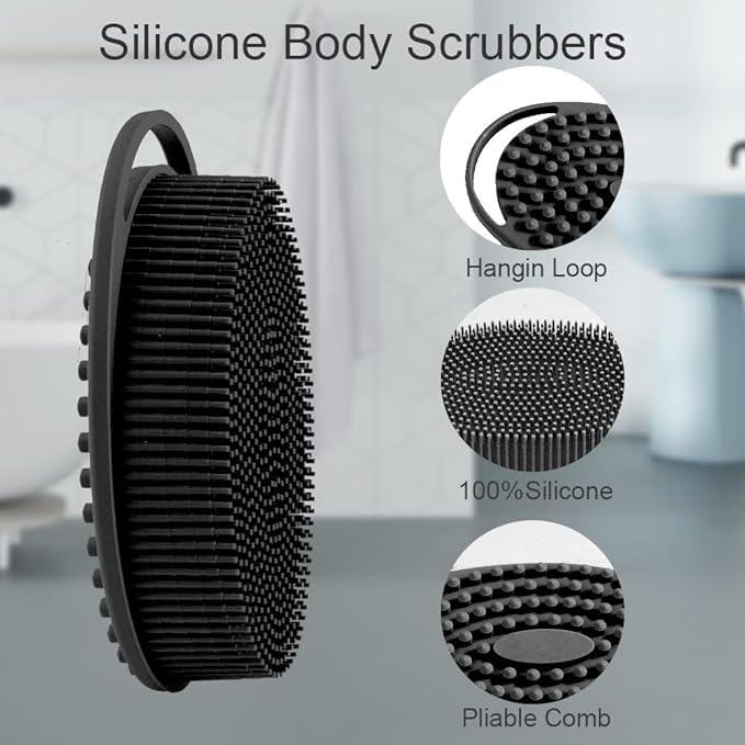 Soft Silicone Body Scrubber 2 PCS Silicone Body Shower, Silicone Loofah 2 in 1 Bath and Shampoo Brush, Body Scrubber Shower Cleaning Exfoliating Use for Sensitive Skin, Lather Well(Black and Green)
