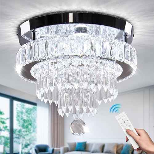 11.8" Dimmable Crystal Chandelier Crystal Ceiling Light Modern Chandeliers Flush Mount Ceiling Light Lamp Fixture for Dining Room Living Room Bedroom Hallway Remote Control