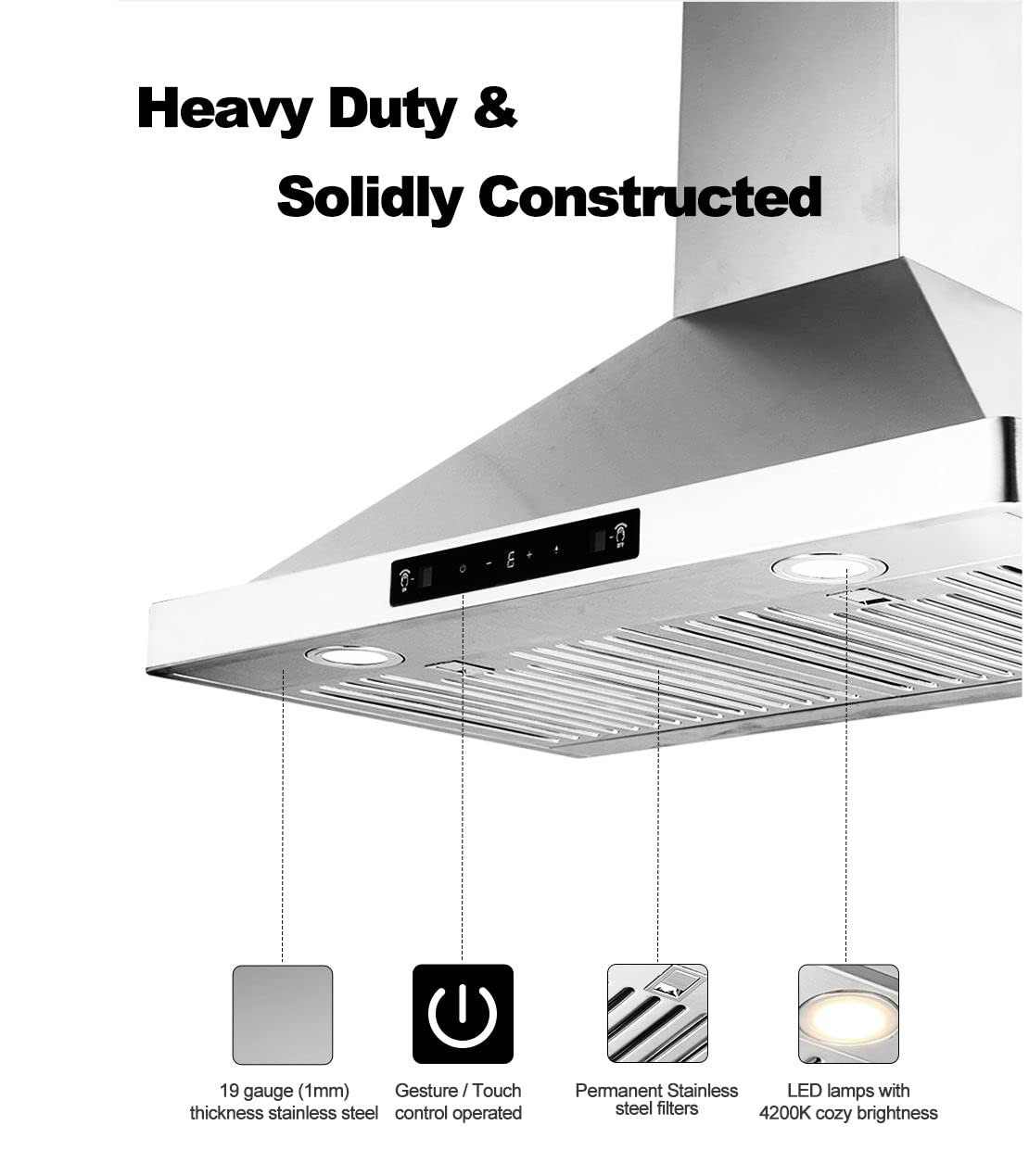 EVERKITCH 24 inch Wall Mount Range Hood 800CFM, with DC Motor, Stainless Steel Vent Hood with 6 Speeds Exhaust Fan, Convertible to Ducted and Ductless, with stainless steel filters