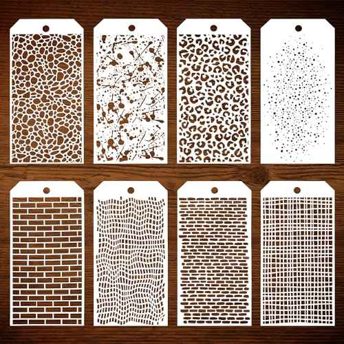 8pcs Painting Stencils - Leopard, Brick, Abstract Plaid & More - Reusable & Washable - Perfect for DIY Crafts, Cards, Furniture & Fabric