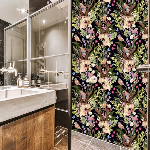 Peel and Stick Wallpaper Deer Skull, Boho Floral Wallpaper DIY Decor, 17.7"¡¿118"