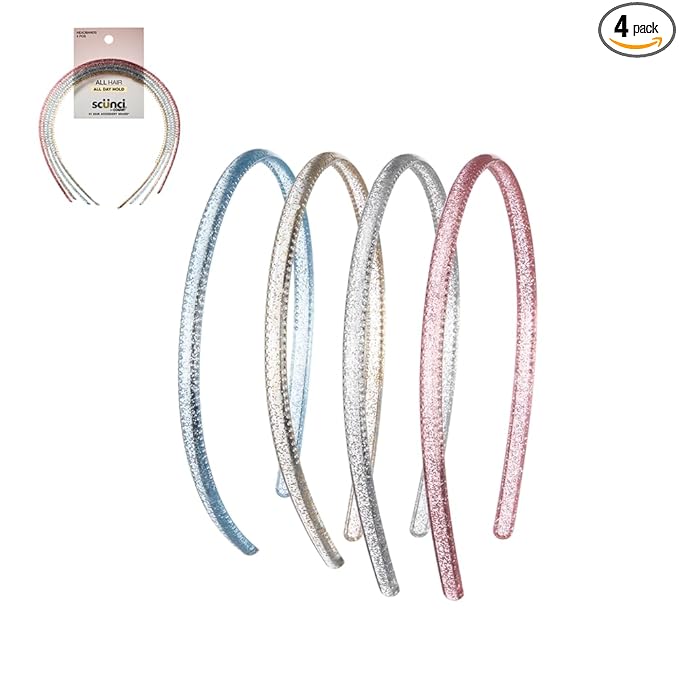 CONAIR Scunci Effortless Beauty Skinny headband -plastic Headbands for Women and Men - hair accessories for women - trendy girl gifts - Assorted Glitter - 4 Count