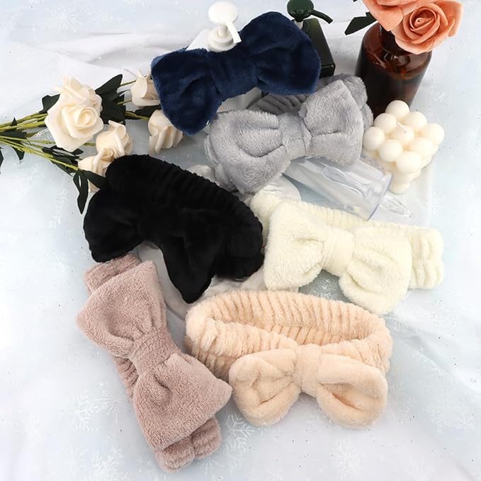 SPA Headbands for Washing Face Makeup Headbands with Bow Laurel Hair Band Women Facial Head Band Wrist Towel Wraps For Shower Face Mask Gray Black White Beige, 6 Pack
