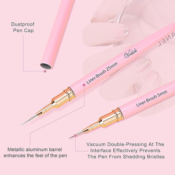 5Pcs Nail Art Liner Brushes,Liner Brush For Nails Gel,Thin Liner Nail Brush Set,Nail Art Striping Brushes,Painting Art Design Pen For Long Lines, Thin Details, Fine Drawing Sizes 5/9/13/20/25mm