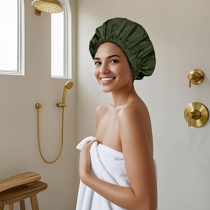 Reusable Shower Cap for Women, Large Waterproof Shower Bonnet with Elastic Band, Washable Bath Hair Cap for Long, Curly Hair, Braids, Daily Shower, Home Spa, Travel(Pink&Green)