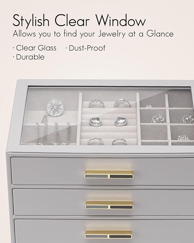 VLANDO Jewelry Box for Women,Jewelry Box&Organzier,3-Layer Jewelry Holder Organzier,Glass Lid Jewelry Storage for Gem Diamond Necklaces Rings Earrings Bracelets Grey