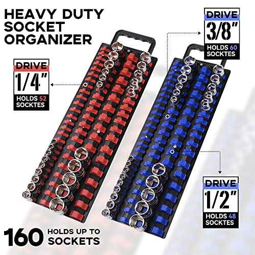 160-Piece Portable Socket Organizer Steel Tray with Handle - Heavy Duty Socket Holder Kit 1/4-Inch, 3/8-Inch, 1/2-Inch Blue&Red Clips (2 PC, Blue&Red)