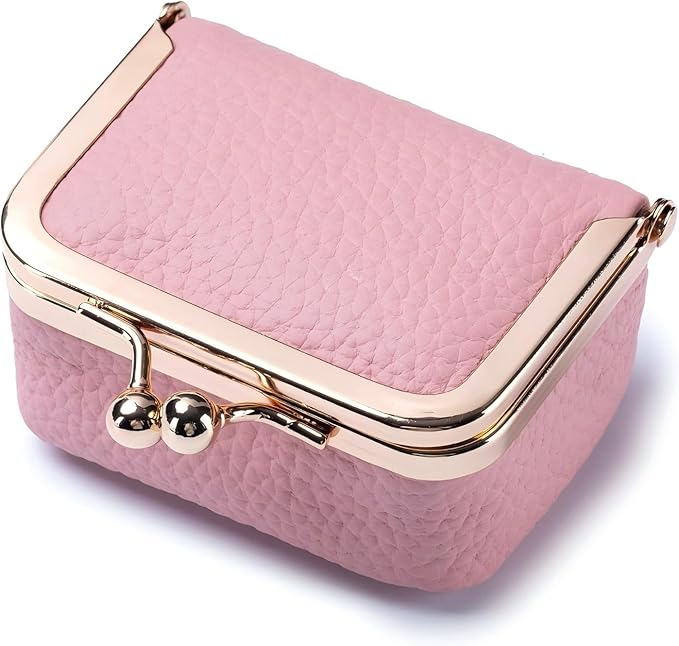 Genuine Leather Mini Jewelry Box - Vintage-Inspired Travel Jewelry Organizer with Kiss Lock, Compact Ring Box for Women, Perfect for Earrings, Rings, Necklaces, Bracelets (B Pink)