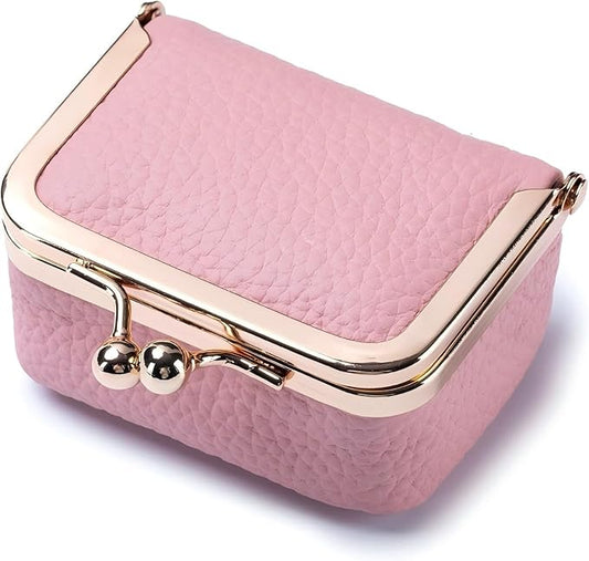 Genuine Leather Mini Jewelry Box - Vintage-Inspired Travel Jewelry Organizer with Kiss Lock, Compact Ring Box for Women, Perfect for Earrings, Rings, Necklaces, Bracelets (B Pink)