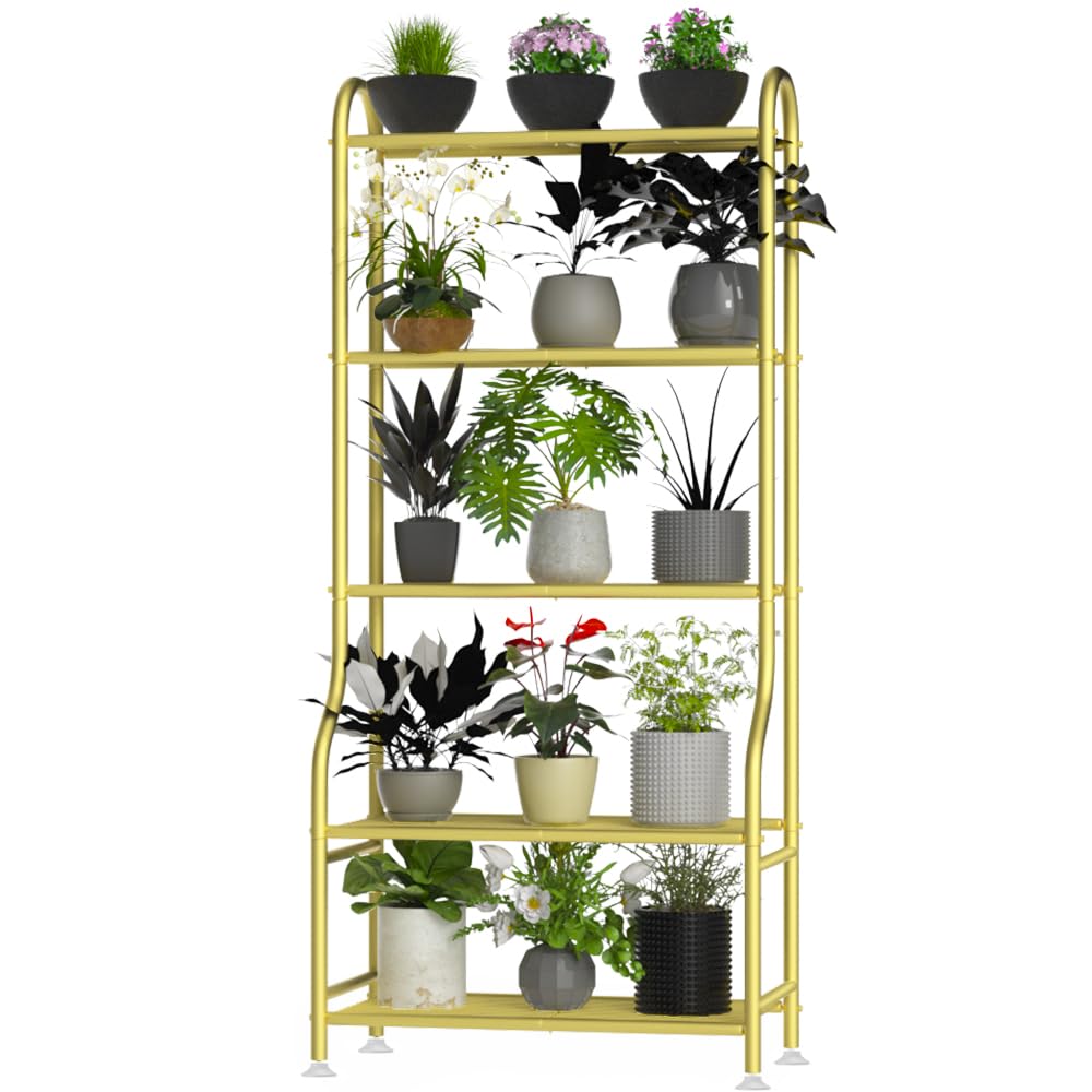 Yutrchey 5-Tier Metal Plant Stand - Heavy Duty Indoor Outdoor Flower Shelf for Multiple Pots, 65" Tall Vertical Holder with Adjustable Leveling Feet & Wall-Fixing Kits, Gold