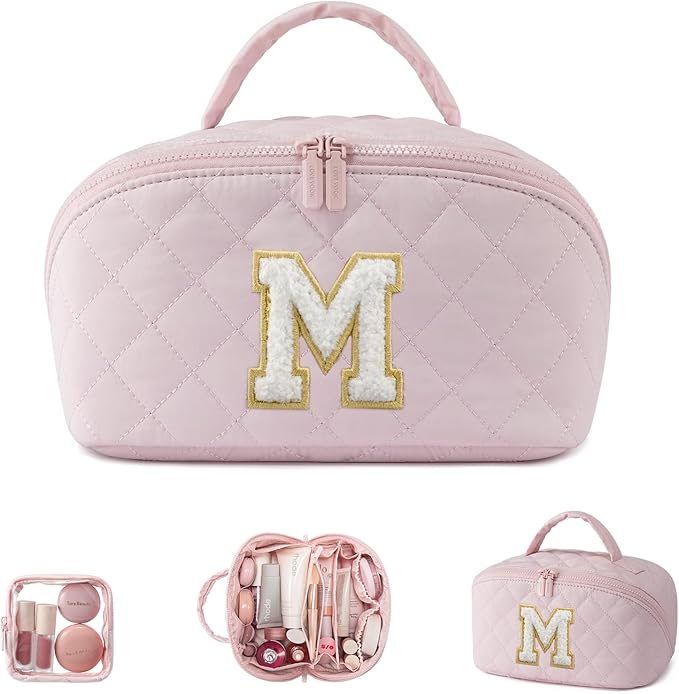 LOVEVOOK Travel Makeup Bag for Women, 2Pcs Puffer Waterproof Cosmetic Organizer, Large Capacity Pouch Open Flat Small Toiletry Bag with Brush Compartment & Handle (Pink-M, Medium)