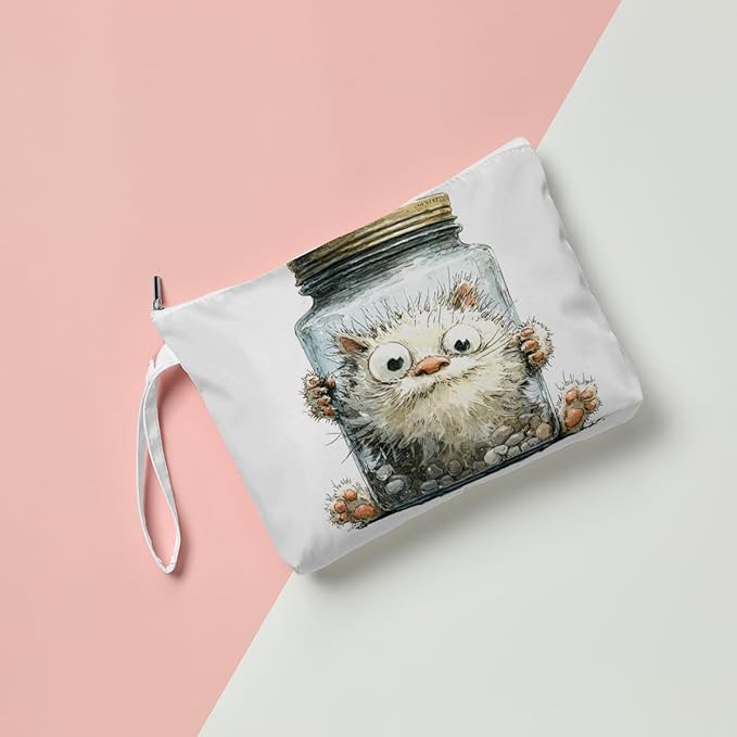 Fokongna Cute Print Wet Bag, Small Portable Waterproof Multi-Functional Organizer for Women, Cream White Jar Fluffy Cat, Ideal for Daily, Beach & Travel