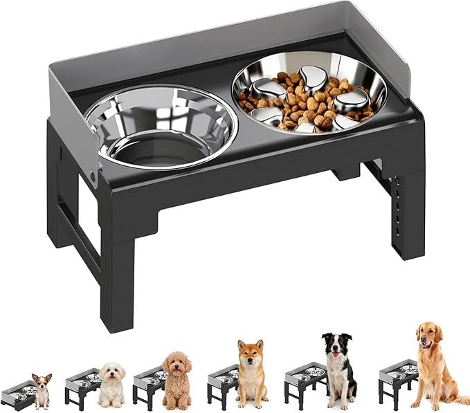 PAKEWAY Elevated Dog Bowls, Spill Proof, Tiltable Pet Feeder with 1 Stainless Steel Bowl &1 Stainless Steel Slow Feeder Bowl, 6 Height Adjustable Raised Dog Bowls Stand for Medium Large Dogs