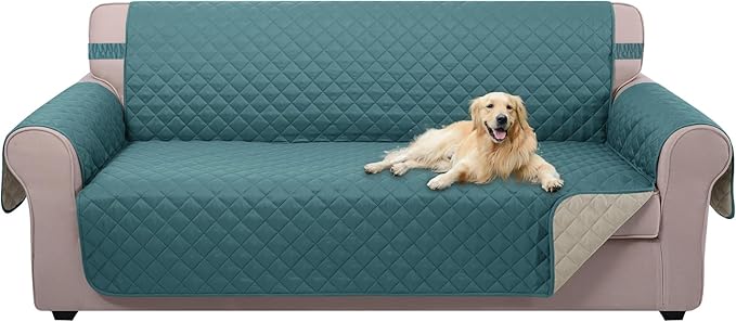 U-NICE HOME 4 Seater Sofa Cover 91 Inch Large Couch Covers for 4 Cushion Couch with Elastic Straps Water Resistant Furniture Protector Cover for Pets Cat (Sofa XX-Large, Blue/Beige)