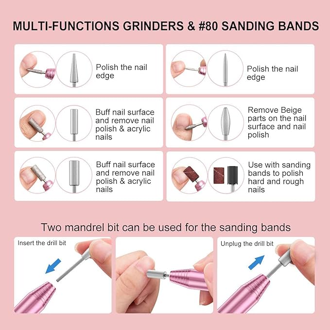 Electric Nail Drill,USB Electric Nail Drill Machine for Acrylic Nail Kit,Portable Electric Nail File Polishing Tool Manicure Pedicure Kit Efile Nail Supplies for Home Salon,Pink